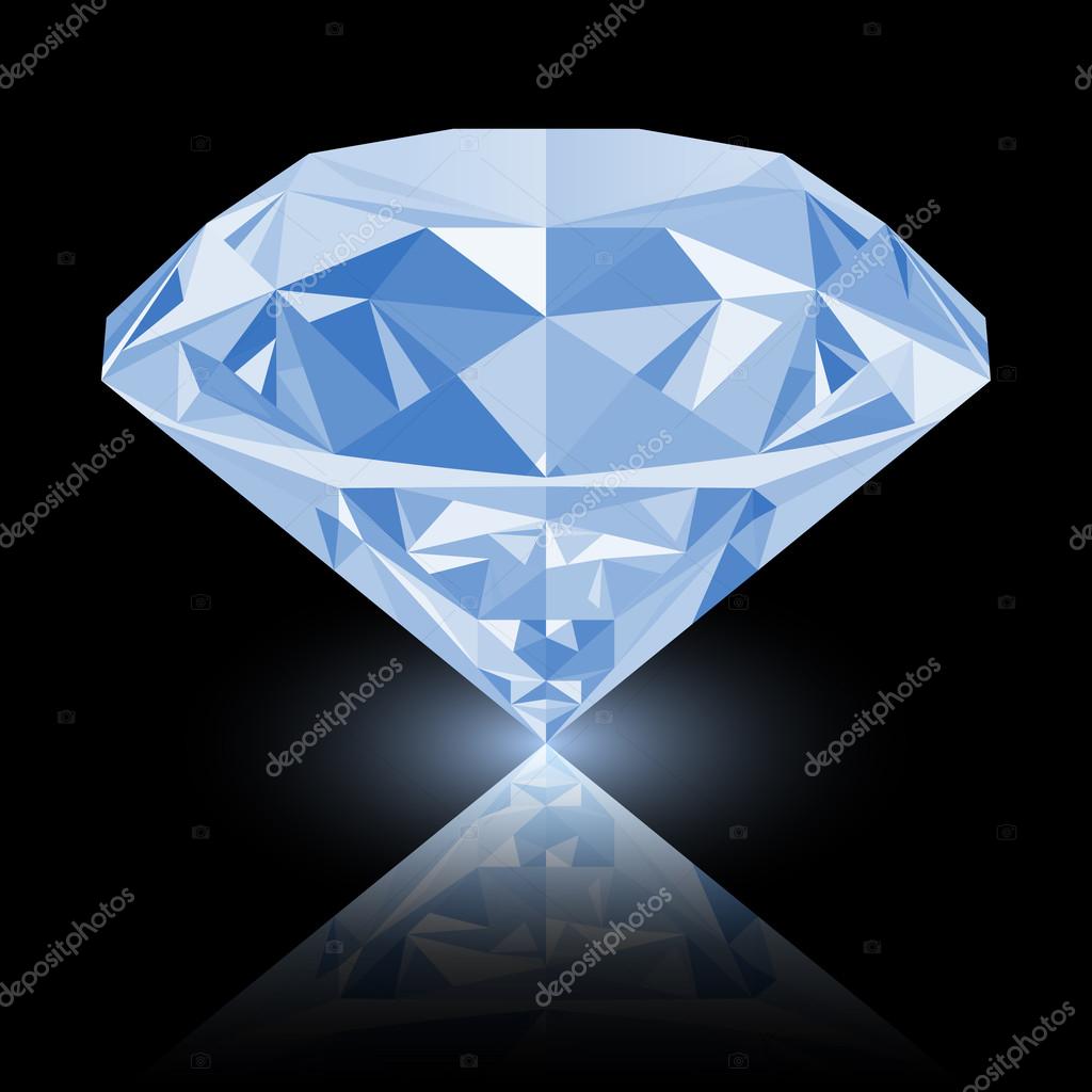 Realistic shining white diamond jewel with reflection and white glow isolated on black background. Colorful gemstone that can be used as part of logo, icon, web decor or other design.
