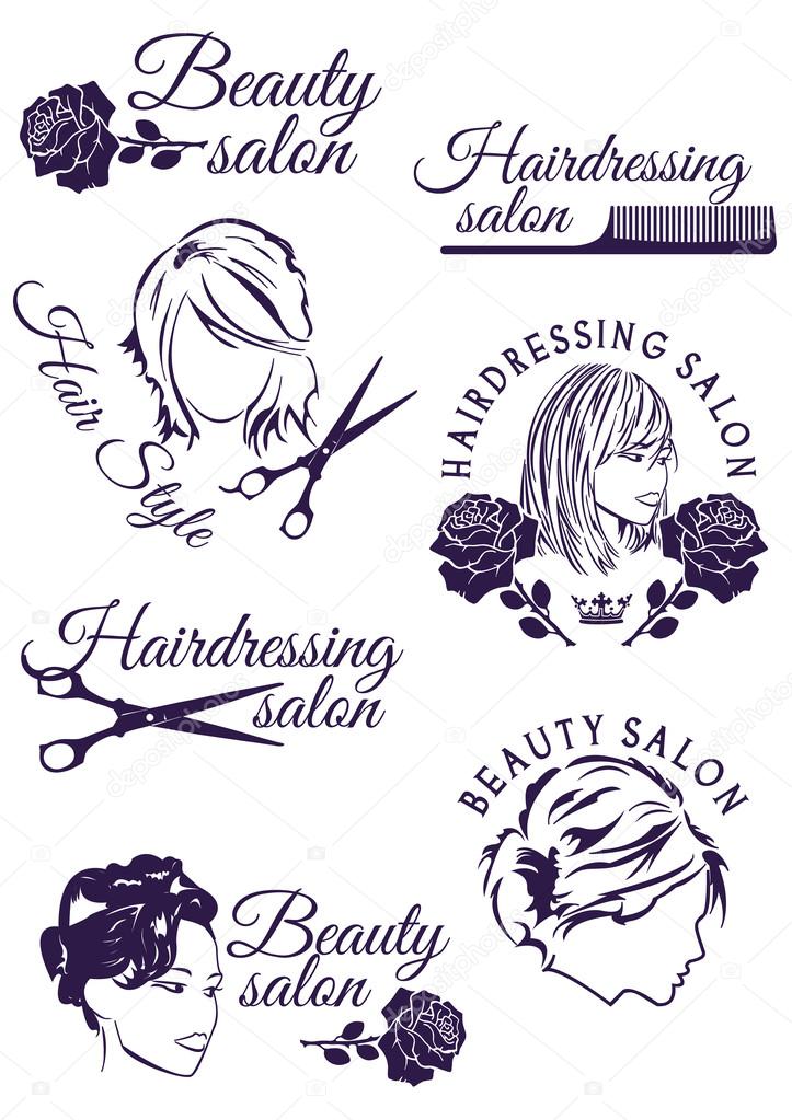 Set of beauty and hairdressing salon purple round badges isolated on white background. Collection of elements for company logos, print products, page and web decor. Vector illustration.
