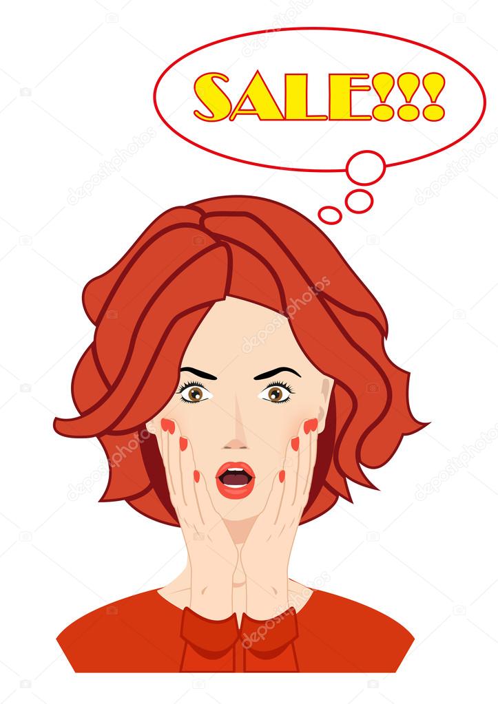 Surprised beautiful woman face with open mouth and hands covering her face. SALE bubble. WOW expression and look. Use for for company logos, print products, page and web decor or other design.