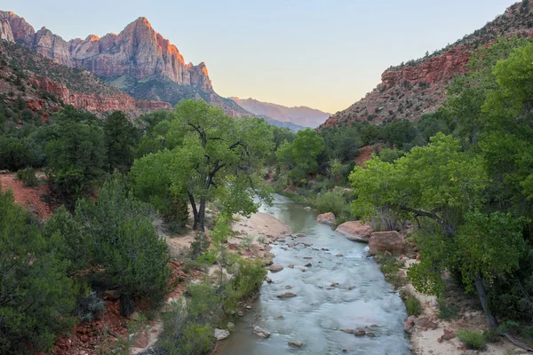 The Watchman and Virgin River from the Canyon Junction Bridge, Zion National Park, Utah, USA — Stock Photo, Image