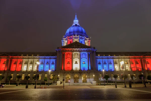 San Francisco City Hall lit up for 4th of July on foggy summer night.  San Francisco, California, USA.