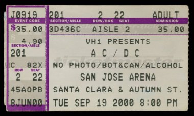San Jose, California - 19 Eylül 2000 - San Jose Arena 'daki Stiff Upper Lip World Tour için eski kullanılmış AC / DC konser bileti.