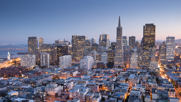 San Francisco Downtown from top of Coit Tower in Telegraph Hill, Dusk.