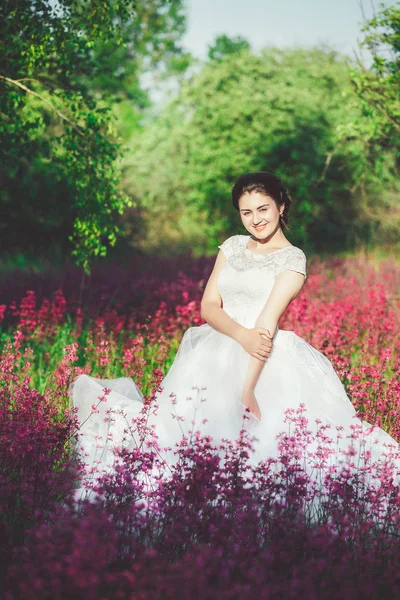 Bella sposa in un campo di fiori. La ragazza in un vestito bianco con un mazzo in un campo estivo al tramonto — Foto Stock