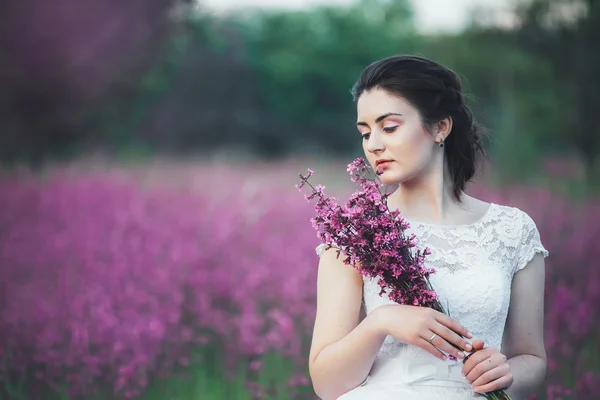 Schöne Braut in einem Blumenfeld. das Mädchen in einem weißen Kleid mit einem Strauß in einem Sommerfeld bei Sonnenuntergang — Stockfoto