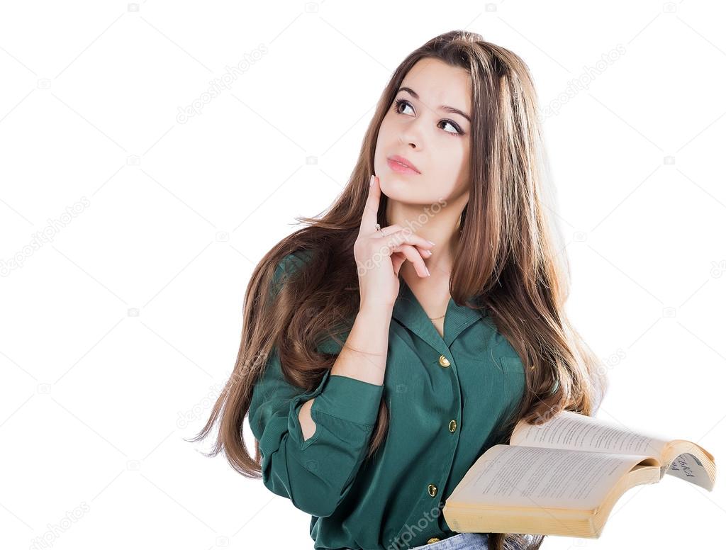 young girl thinking, holding the book to isolate
