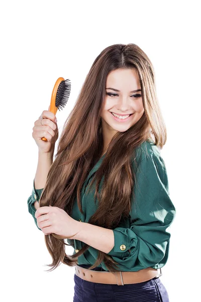 Chica joven con cepillo aislado.smile . — Foto de Stock