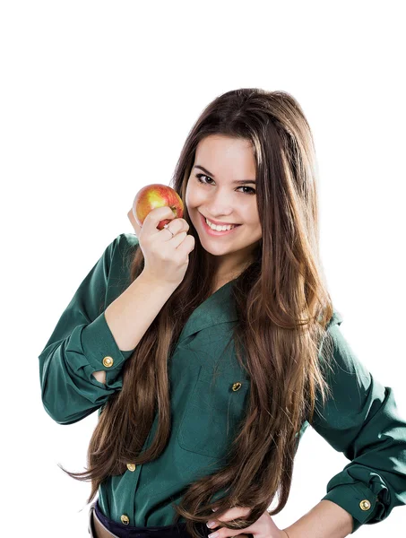 Gadis cantik cantik seksi dengan rambut ikal gelap, memegang apel besar untuk menikmati rasa dan diet, tersenyum — Stok Foto