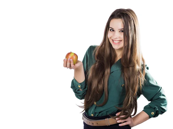 Giovane bella ragazza sexy con i capelli ricci scuri, tenendo grande mela per godersi il gusto e sono a dieta, sorridere — Foto Stock