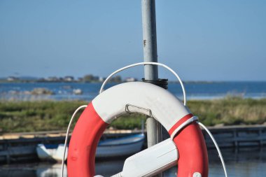 Su, çayır ve mavi gökyüzü manzaralı küçük bir limanda can simidi. Yaz havası ve kıyı karakteri olan bir denizcilik motifi..