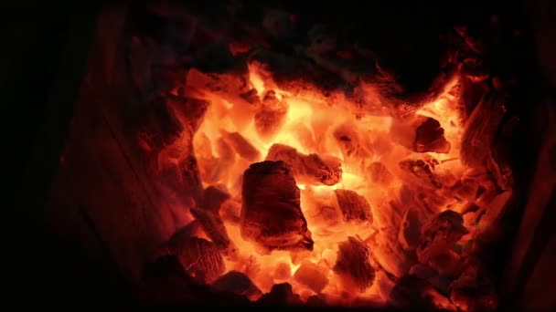 Žhavé uhlíky v ohni — Stock video