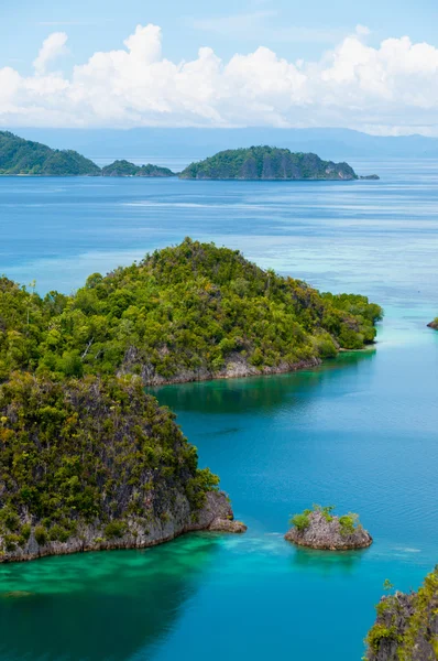 Pequeñas islas verdes pertenecientes a la isla Fam en el mar de Raja Ampat, Papúa Nueva Guinea — Foto de Stock
