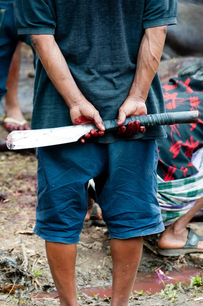 Homem segurando uma faca de açougueiro nas costas — Fotografia de Stock