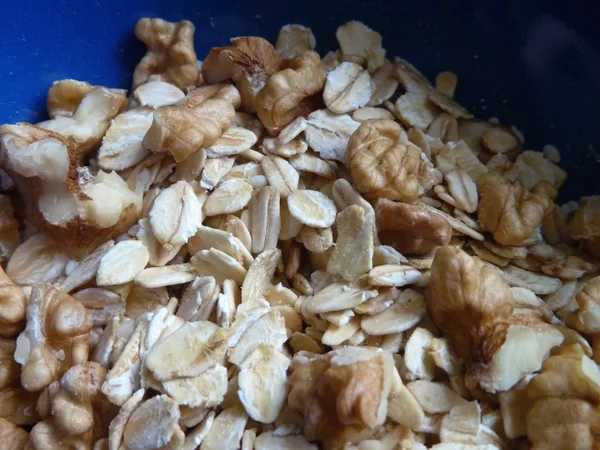 Copos de avena y nueces en granola — Foto de Stock