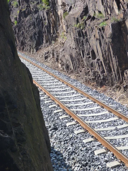 Trilhos ferroviários entre rochas íngremes — Fotografia de Stock