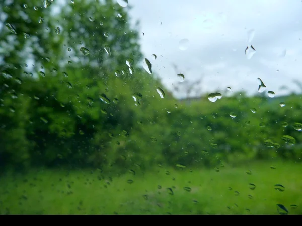 Gotas de chuva em uma janela a um jardim verde — Fotografia de Stock