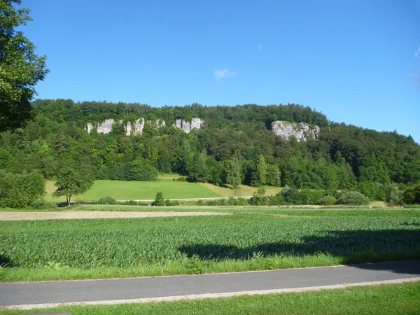 Hohe Kalksteinklippe in einer grünen Landschaft — Stockfoto