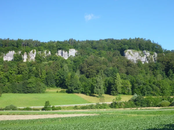 Hohe Kalksteinklippe in einer grünen Landschaft — Stockfoto