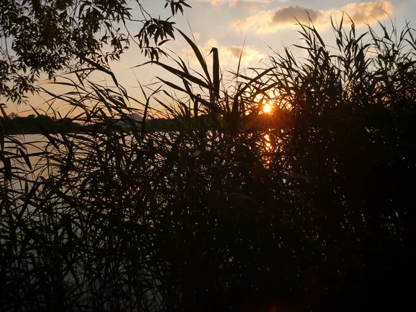 Romantischer Sonnenuntergang, der sich in einem See spiegelt — Stockfoto