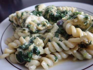 Taze sağlıklı sebzeli makarna salatası soğuk yemek olarak servis edilir.