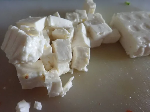 Cutting White Salad Feta Cheese Kitchen — Stock Photo, Image