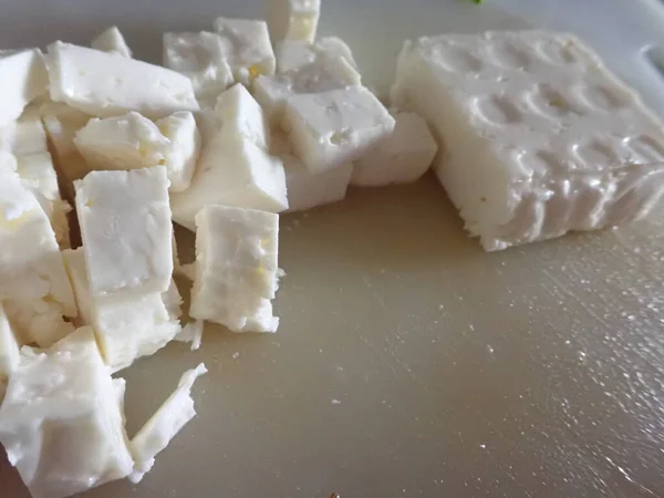 Cutting White Salad Feta Cheese Kitchen — Stock Photo, Image