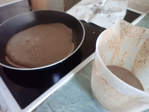 Detail Homemade Pancake Preparation Kitchen — Stock Photo, Image