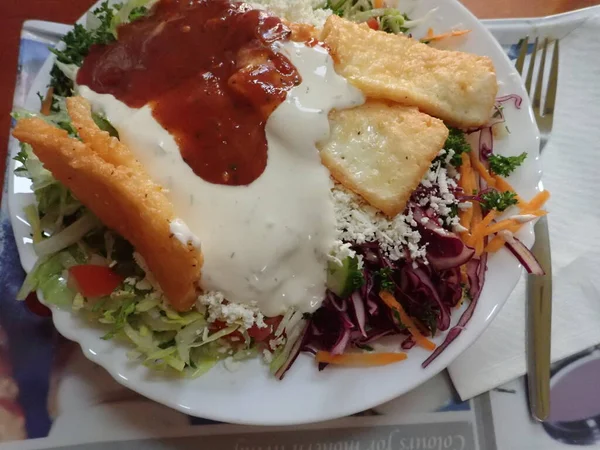 Porção Fastfood Haloumi Com Salada Uma Chapa — Fotografia de Stock