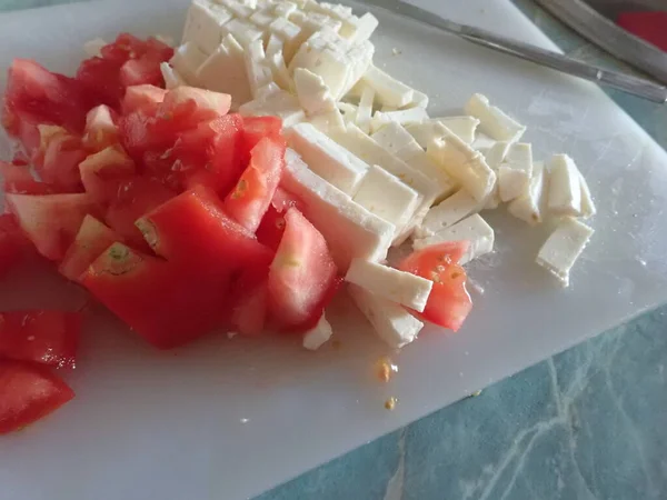 Preparação Caseira Legumes Frescos Balkan Salada Mista Cozinha — Fotografia de Stock