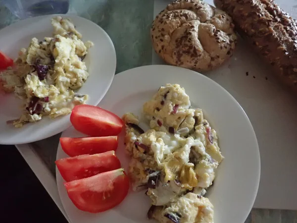 Petit Déjeuner Continental Typique Avec Fromage Pain Œufs — Photo