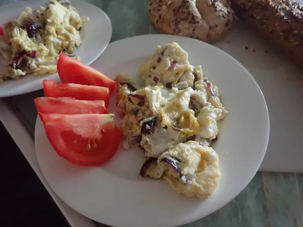 Desayuno Continental Típico Con Queso Pan Huevos —  Fotos de Stock