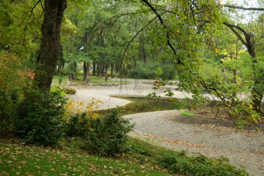 Sonbaharda bir göl ile şehir parkı