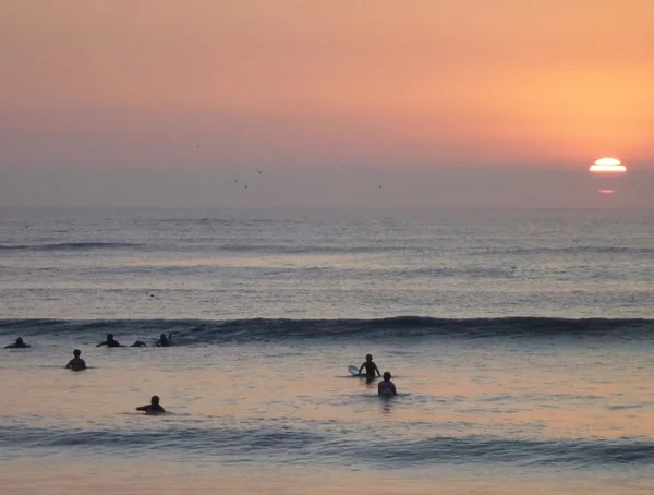 Surfeurs en attente d'une vague au coucher du soleil — Photo