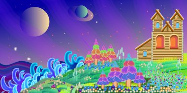 büyülü bir gezegen gezegen ve Deniz Manzaralı muhteşem ev