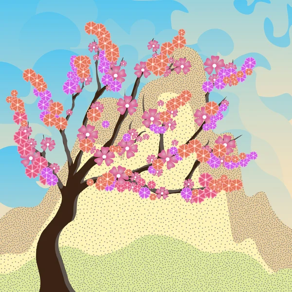 Stock vector cherry blossoms  sakura against a background of mountains