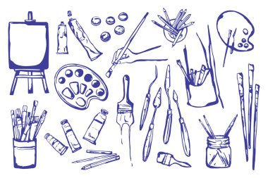 Sanat malzemeleri, aletler. Paletler, fırçalar, kalem kiti, kalem, resim sehpası ve tuval boyar. Boya malzemeleri, çizim malzemeleri. Beyaz arkaplanda el çizimi vektör çizimleri izole