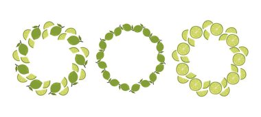A set of wreath with green limes and leaves arranged in a circle. Bright and fresh citrus design perfect for summer themes, tropical backgrounds and food packaging. Vector illustration