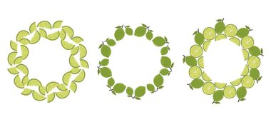 A set of wreath with green limes and leaves arranged in a circle. Bright and fresh citrus design perfect for summer themes, tropical backgrounds and food packaging. Vector illustration