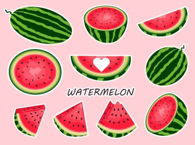Cute set stickers summer with fresh and juicy whole watermelons and slices in different shapes.Vector illustration.