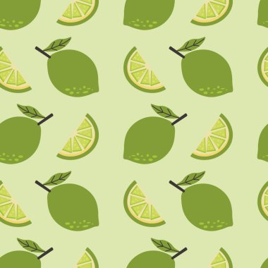 Seamless pattern featuring lime and lime slices on green background. Perfect for summer designs, food packaging, fabric, or kitchen-themed prints. Vector illustration