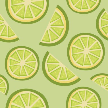 Seamless pattern featuring lime slices and wedges on a green background. Perfect for summer designs, food packaging, fabric, or kitchen-themed prints. Vector illustration