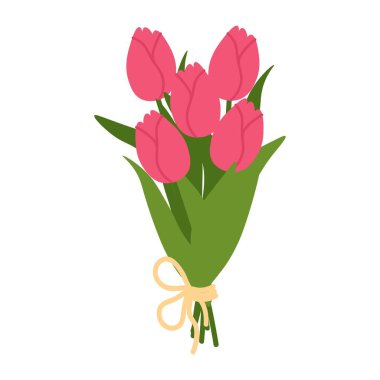 Bouquet of pink tulips tied with a ribbon. Floral illustration in a soft, elegant style for spring holidays and Mother's Day. Vector illustration