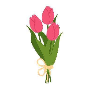 Bouquet of pink tulips tied with a ribbon. Floral illustration in a soft, elegant style for spring holidays and Mother's Day. Vector illustration
