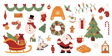 Large set of holiday Christmas design elements. Collection of beautiful decorative elements with Santa, presents, fur tree, wreaths. Vector illustration