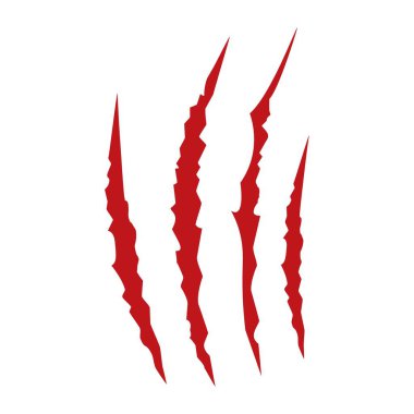 Kızıl pençeler hayvanı tırmalıyor. Dört çizik şeklinde. Vahşi hayvan pençesi izleri. Komik tasarım öğesi. Vektör illüstrasyonu