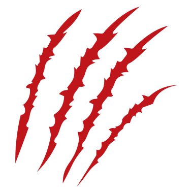 Kızıl pençeler hayvanı tırmalıyor. Dört çizik şeklinde. Vahşi hayvan pençesi izleri. Komik tasarım öğesi. Vektör illüstrasyonu