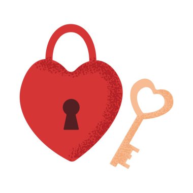 Stylized red heart lock with key, grunge texture. Element for Valentine's day concept. Love icon. Symbol of love and security. Vector illustration