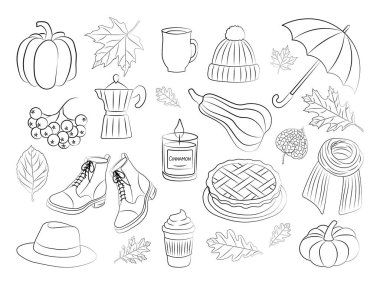 Cozy autumn doodle set. Hand drawn fall clipart with leaves, pumpkins, candle, pie and seasonal elements. Perfect for season designs, harvest festival and coloring activities. Vector illustration