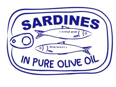 Retro-style of a sardine can label with hand drawn fish and text Sardines in pure olive oil. Simple monochrome graphic perfect for stickers and print. Vector illustration