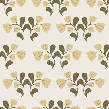 Seamless botanical pattern featuring stylized floral branches and leaves on a cream background. Elegant and minimal design a natural, vintage-inspired aesthetic. Subtle color palette and organic